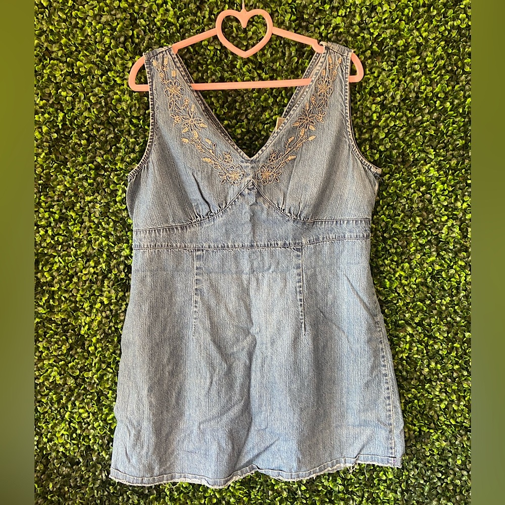 Authentic 90s Faded Glory Vintage Denim Mini Dress, Floral Embroidery, Size XL
